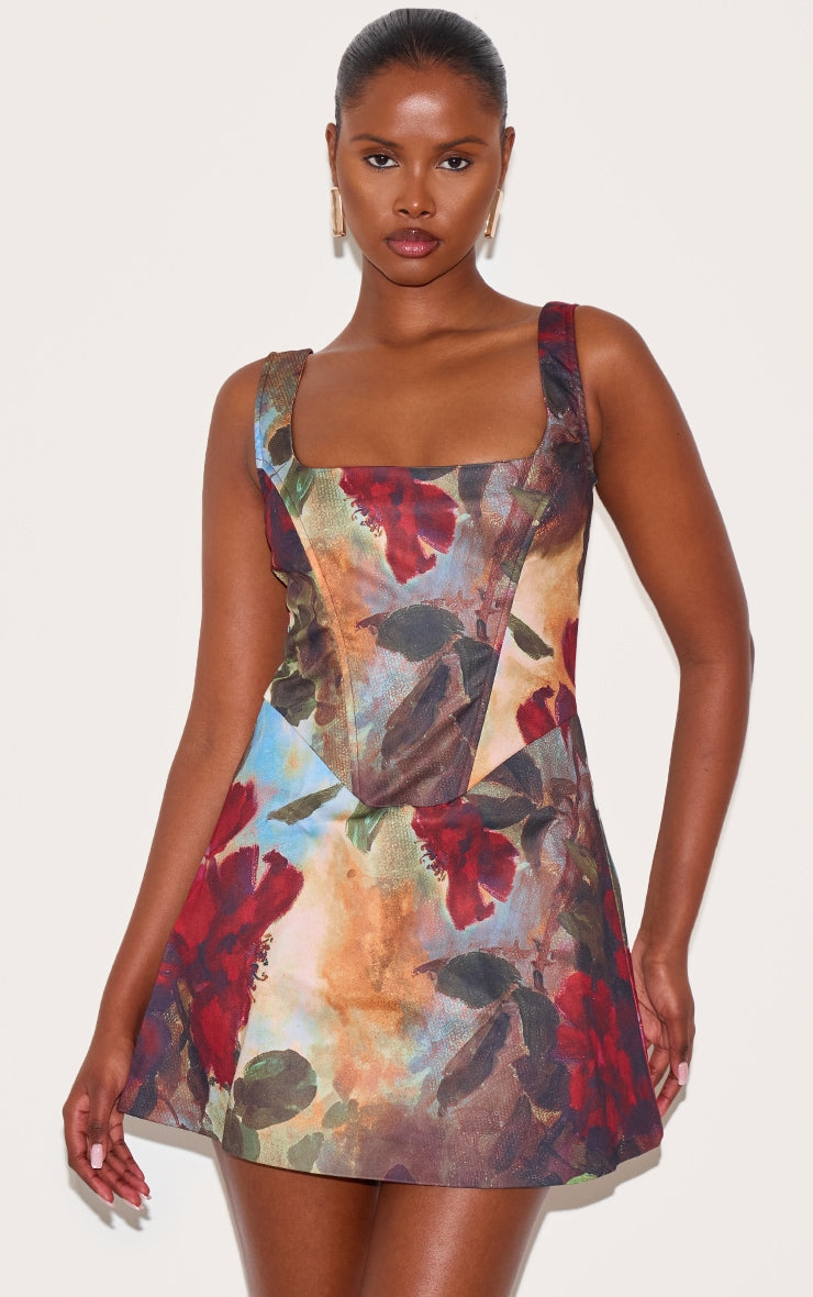 Dark Red Floral Corset A Line Shift Dress