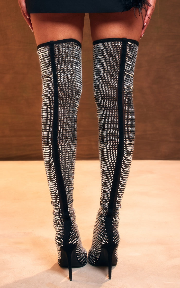 Black Mesh Point Toe Diamante Over The Knee High Heeled Boots - HCWP