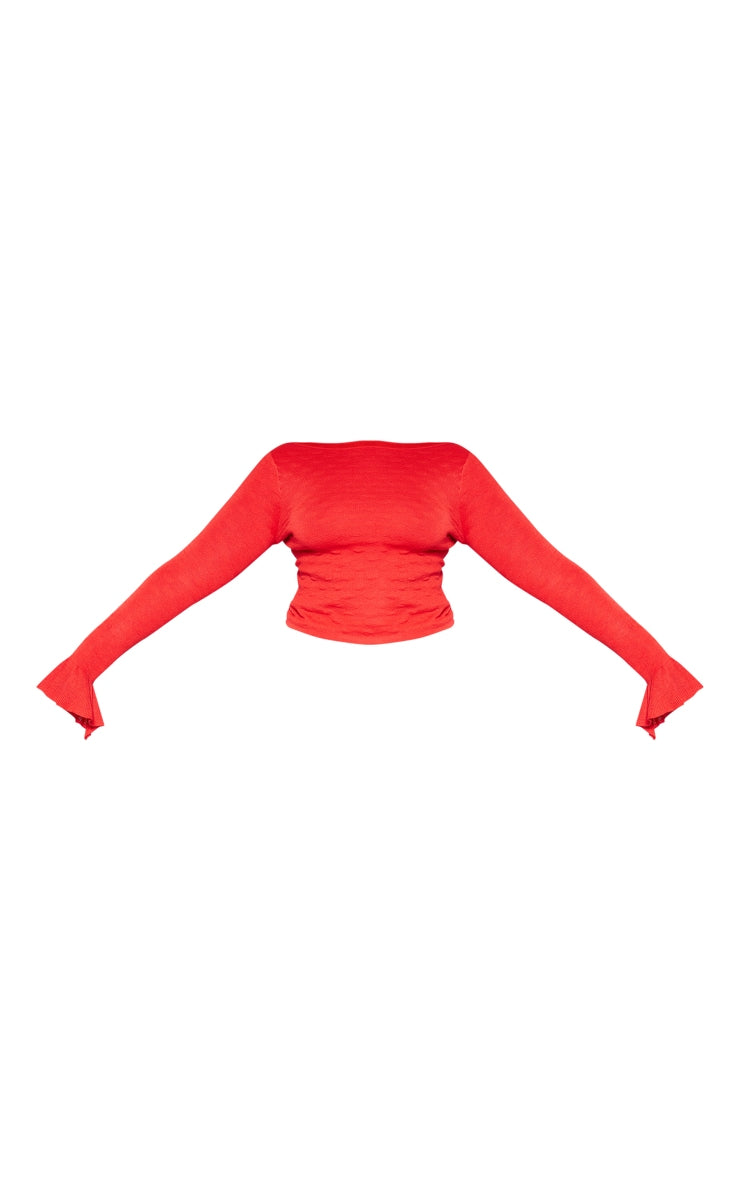 Plus Red Bubble Knit Open Back Long Sleeve Top - HCWP