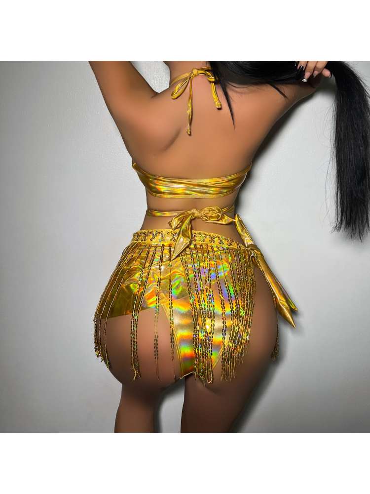 Tassel Halter Neck Backless Bikinis Sets - HCWP