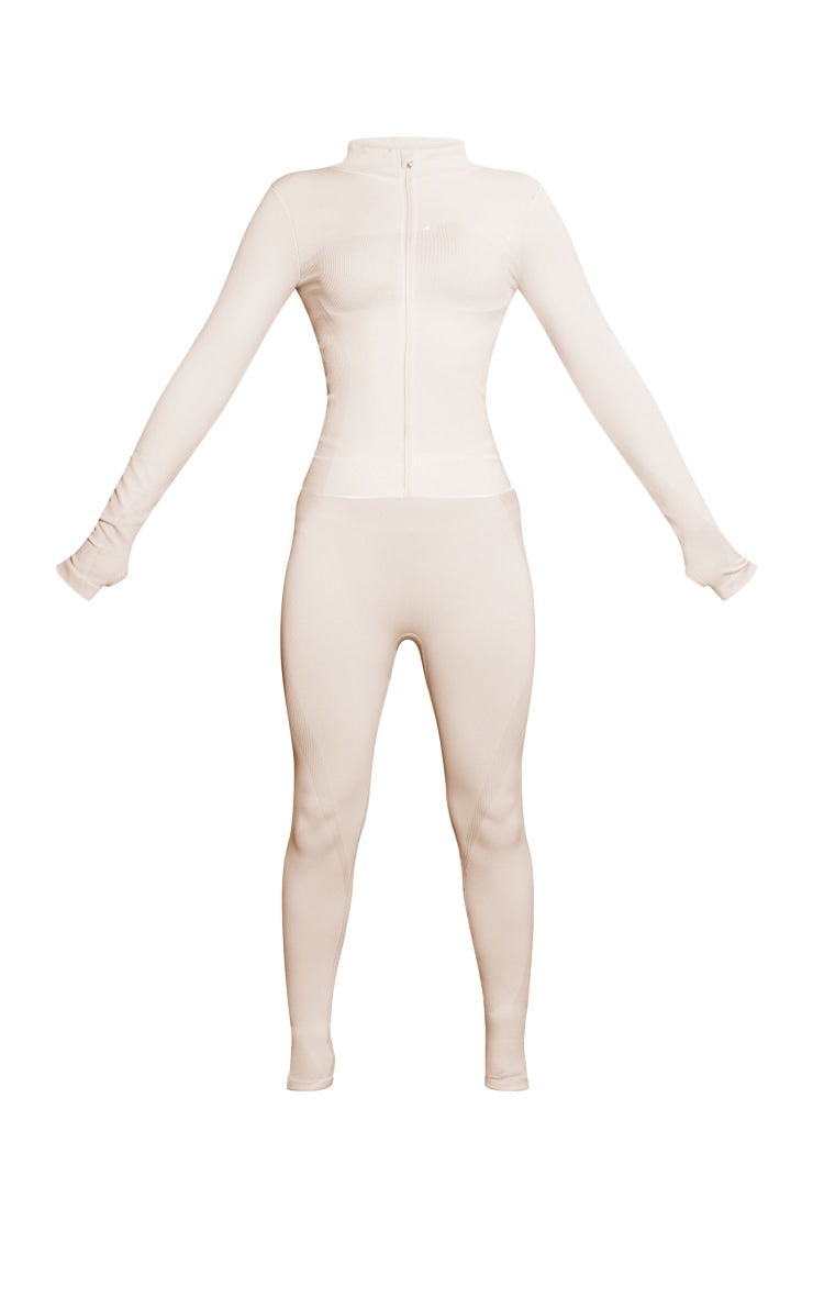 Cream Ski Seamless Rib Crop Jacket & Leggings Set - HCWP
