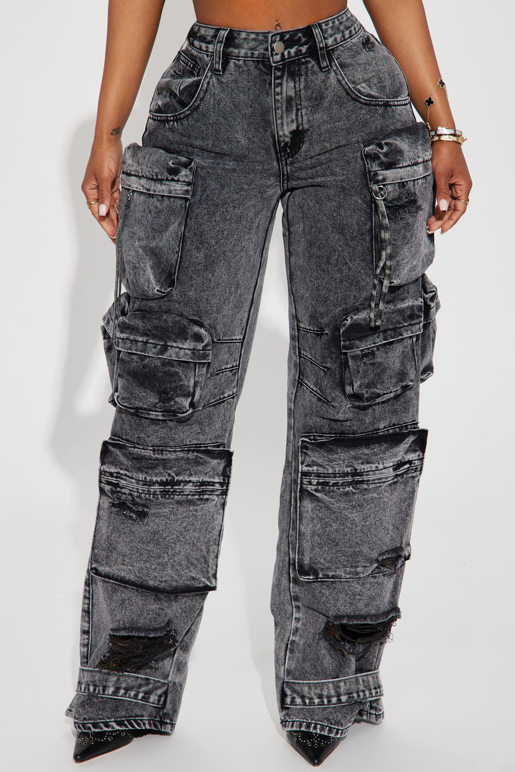 Millie Non Stretch Ripped Cargo Jeans - Acid Wash Black - HCWP 