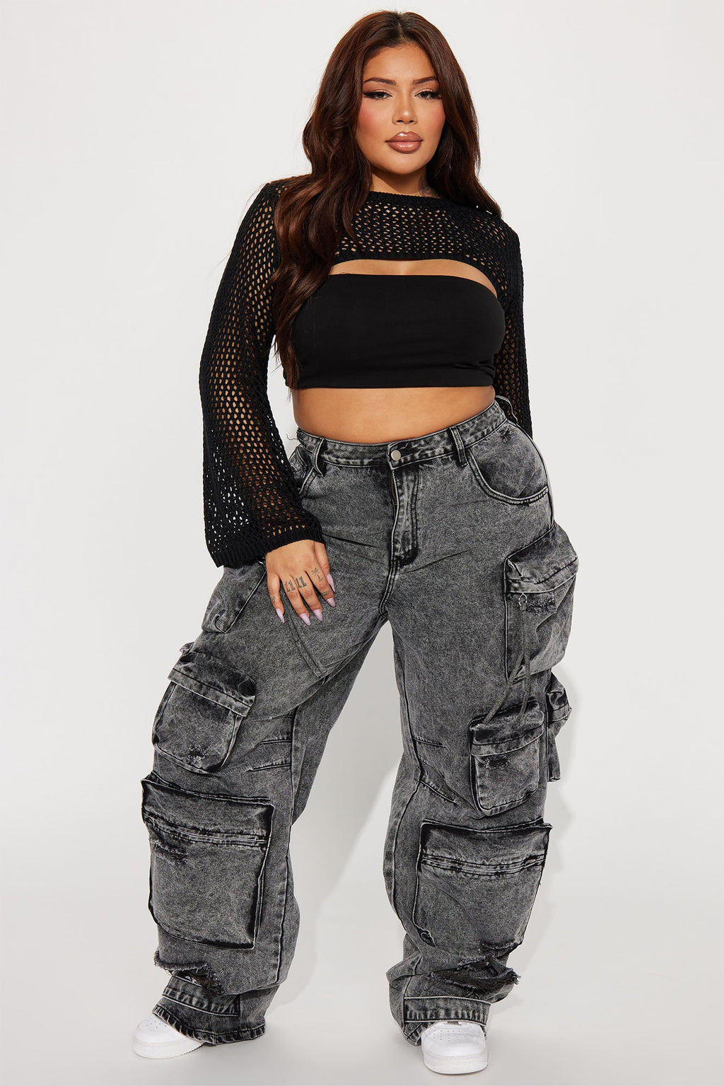 Millie Non Stretch Ripped Cargo Jeans - Acid Wash Black - HCWP 