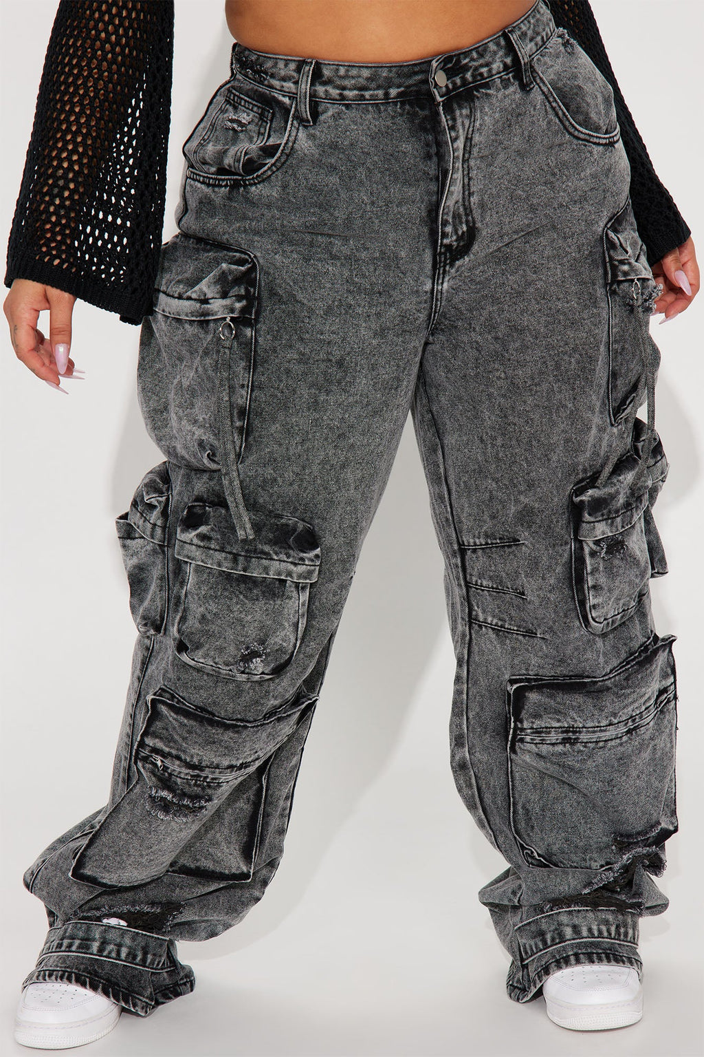 Millie Non Stretch Ripped Cargo Jeans - Acid Wash Black - HCWP 