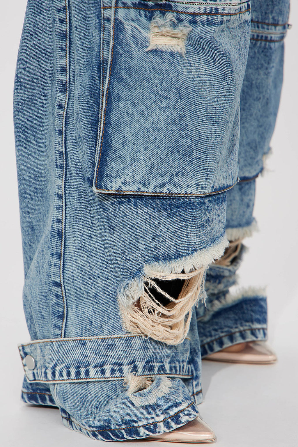 Nikki Non Stretch Acid Wash Cargo Jeans - Medium Wash - HCWP 