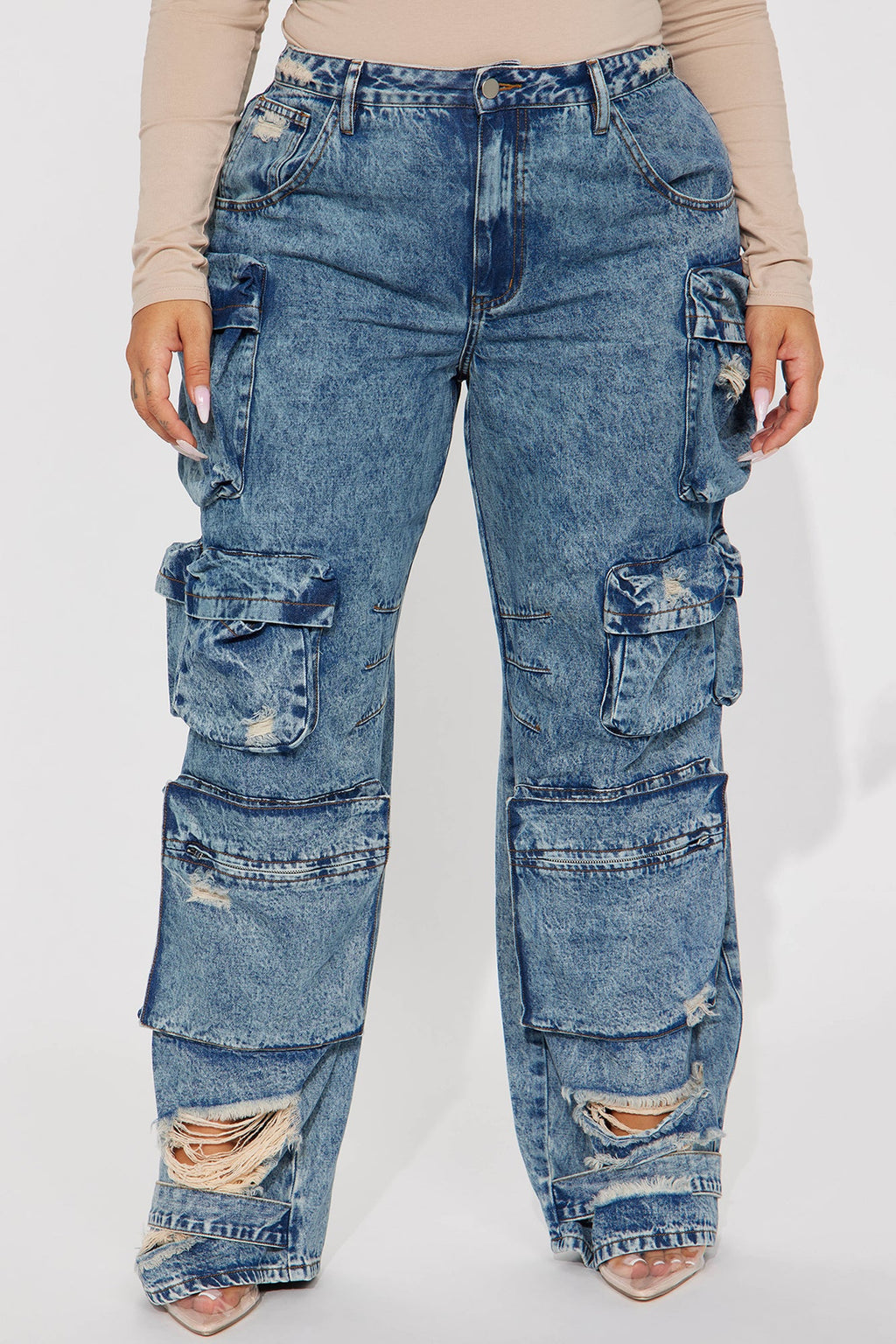 Nikki Non Stretch Acid Wash Cargo Jeans - Medium Wash - HCWP 