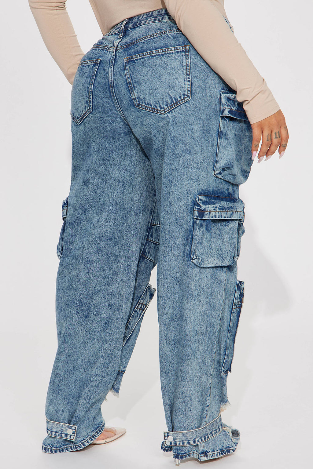 Nikki Non Stretch Acid Wash Cargo Jeans - Medium Wash - HCWP 