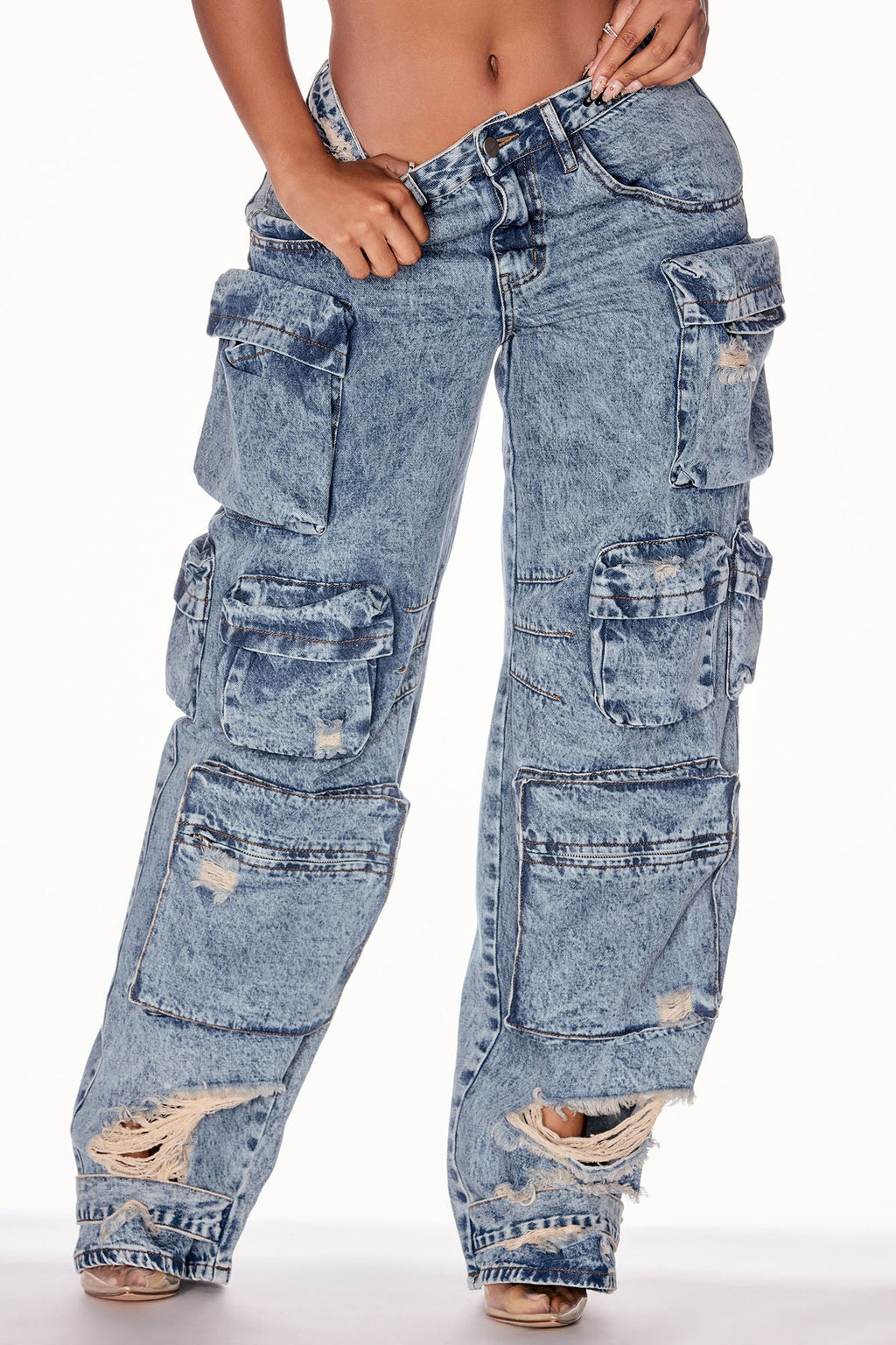 Nikki Non Stretch Acid Wash Cargo Jeans - Medium Wash - HCWP 