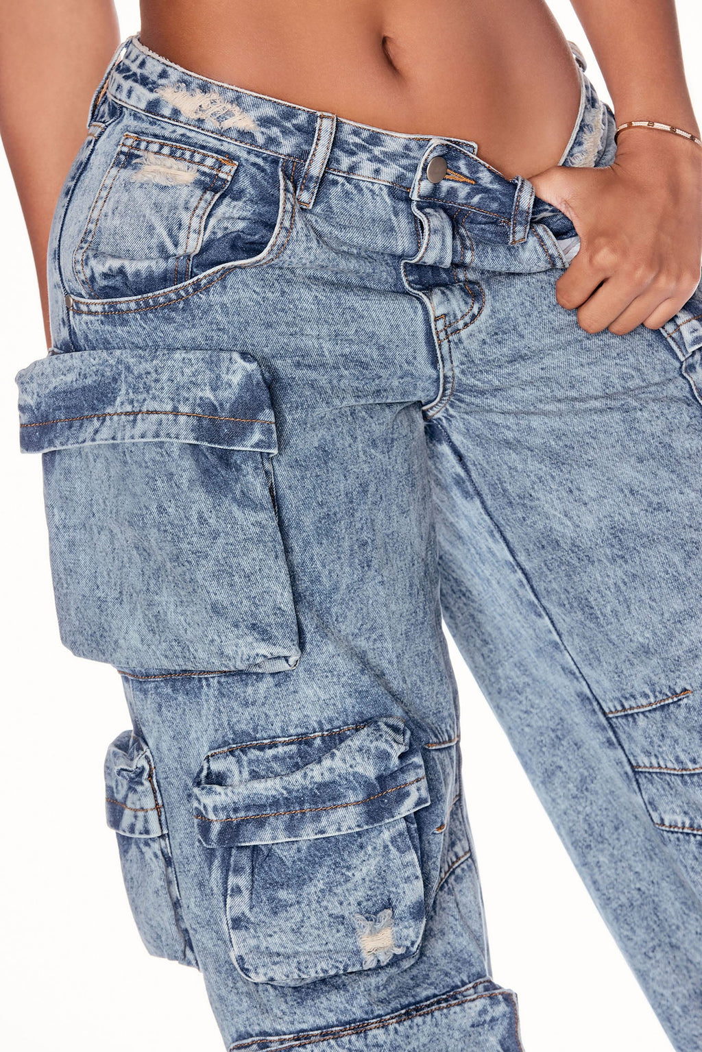 Nikki Non Stretch Acid Wash Cargo Jeans - Medium Wash - HCWP 