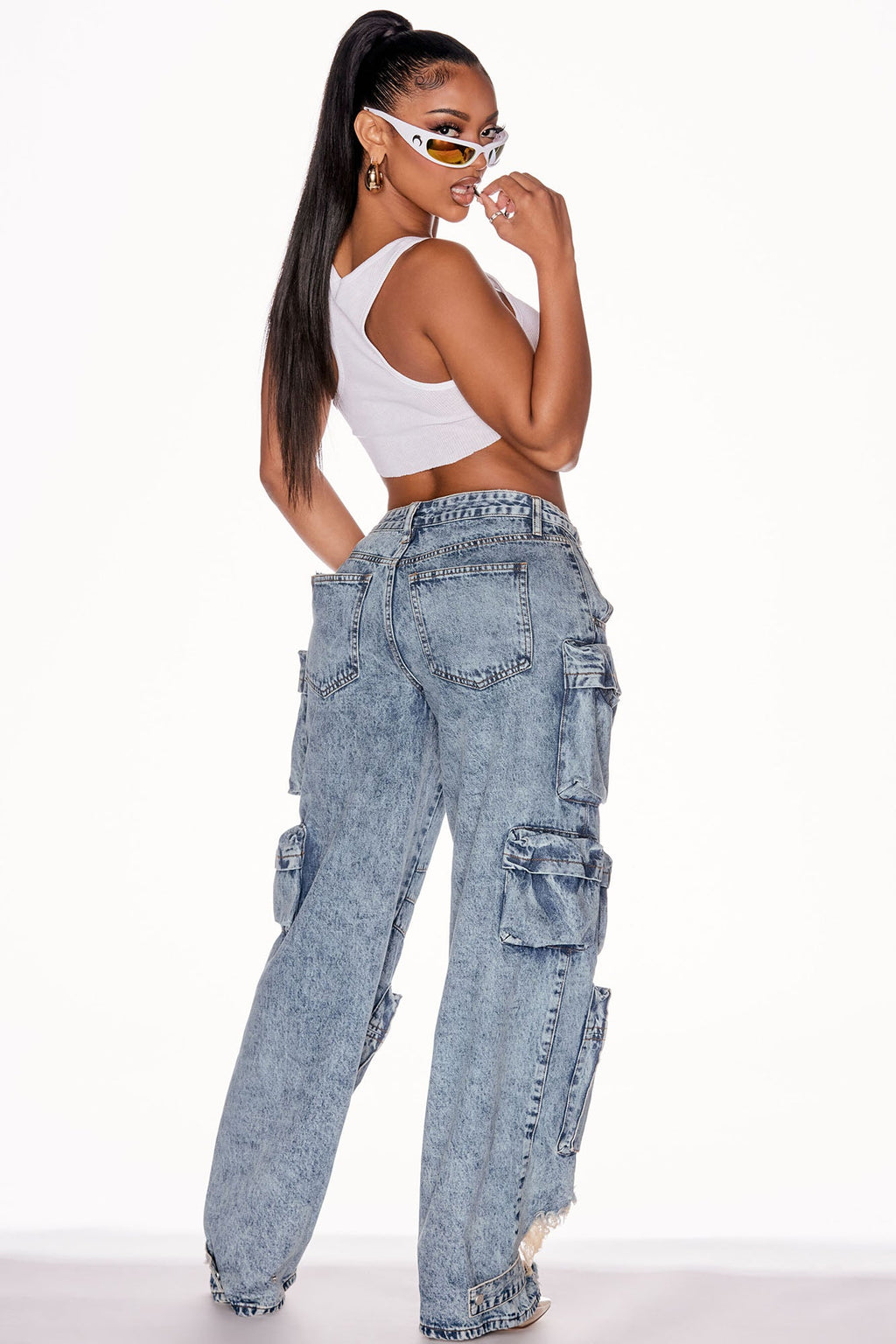 Nikki Non Stretch Acid Wash Cargo Jeans - Medium Wash - HCWP 