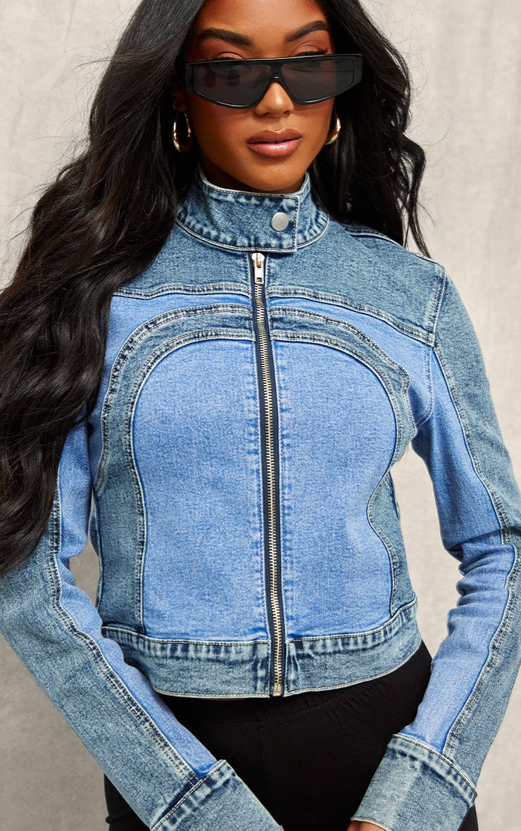 Blue Contrast Panel Racer Denim Jacket