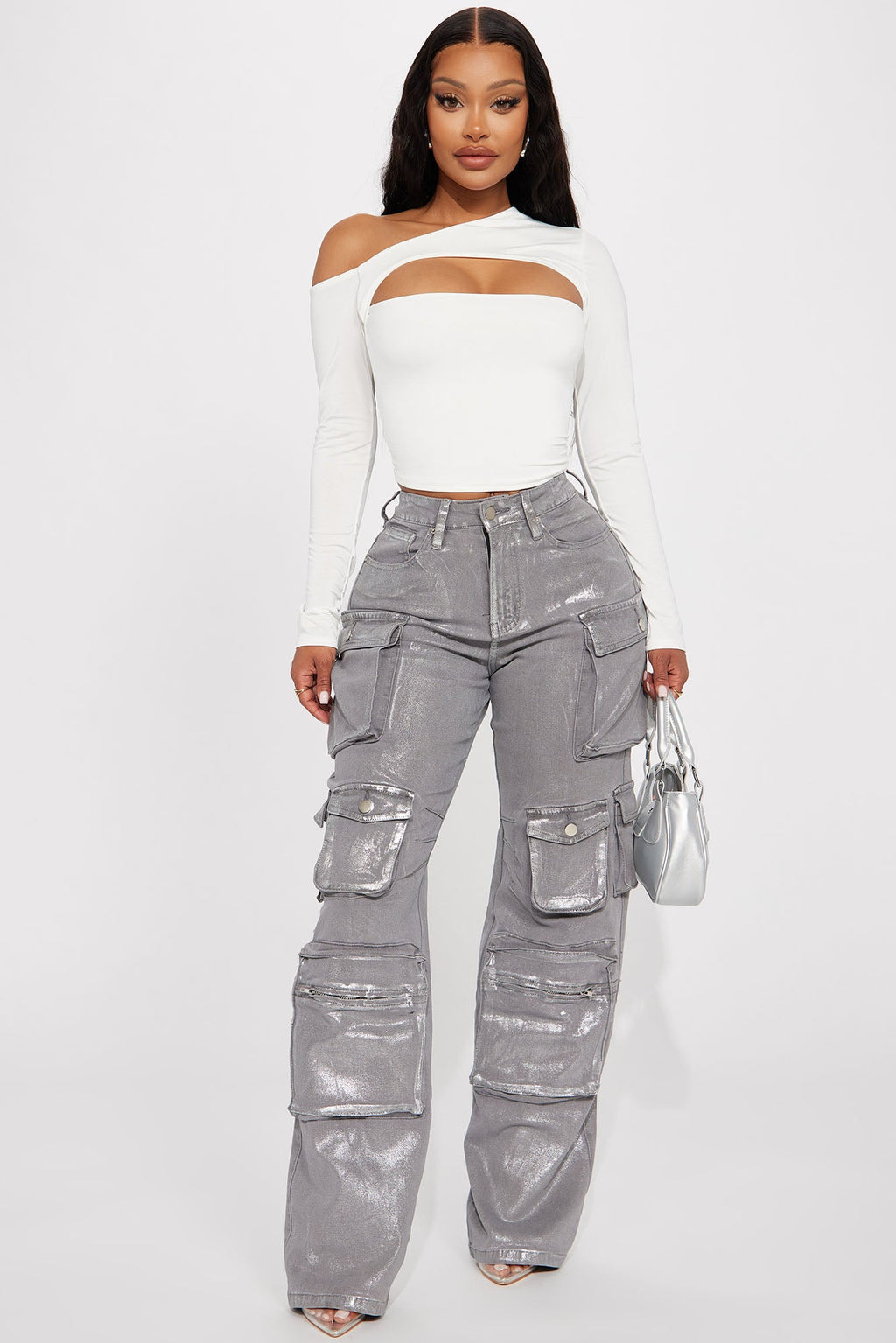Time To Shine Foil Baggy Cargo Jeans - Silver - HCWP 