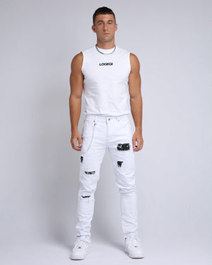 Graffiti Patch Slim Fit Ripped White Jeans - HCWP 