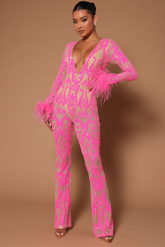 A Dancing Queen Sequin Feather Jumpsuit - Pink - HCWP 