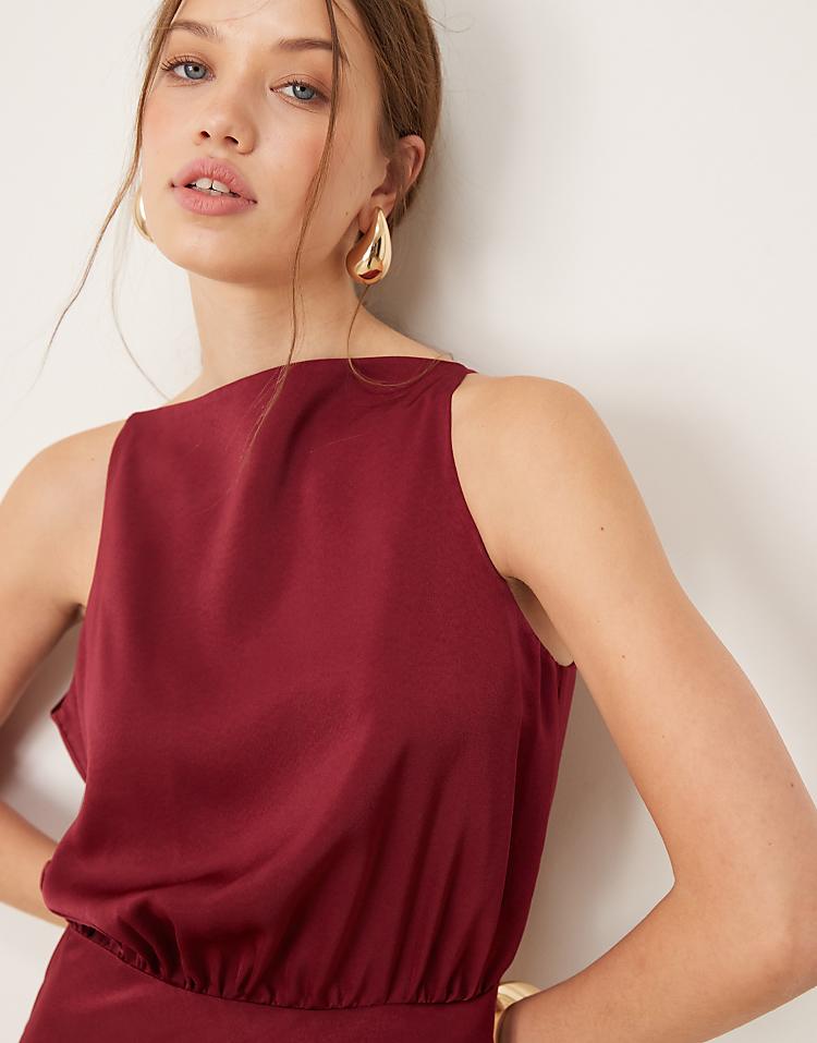 ASOS DESIGN square neck satin blouson midi dress in burgundy