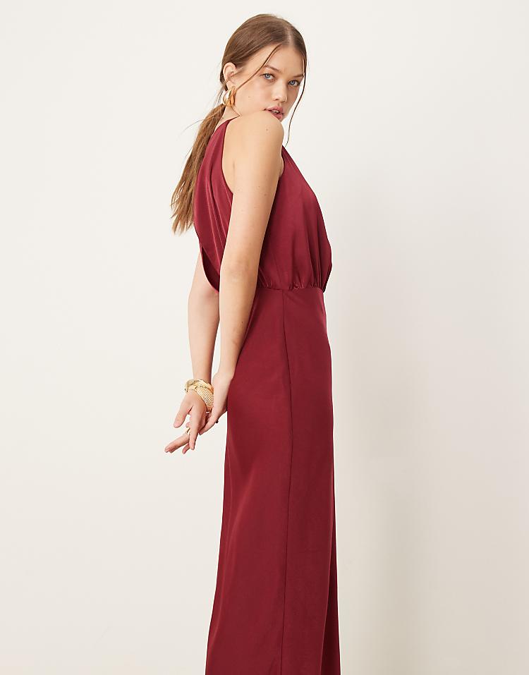 ASOS DESIGN square neck satin blouson midi dress in burgundy