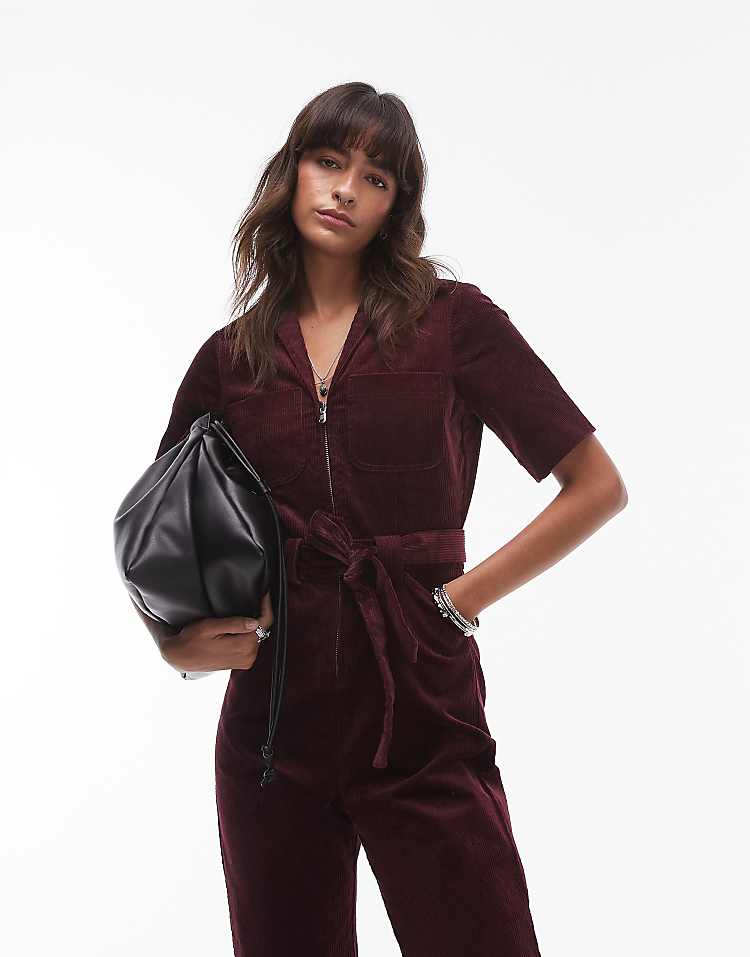 & Other Stories belted corduroy jumpsuit in burgundy