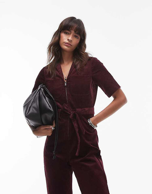 & Other Stories belted corduroy jumpsuit in burgundy