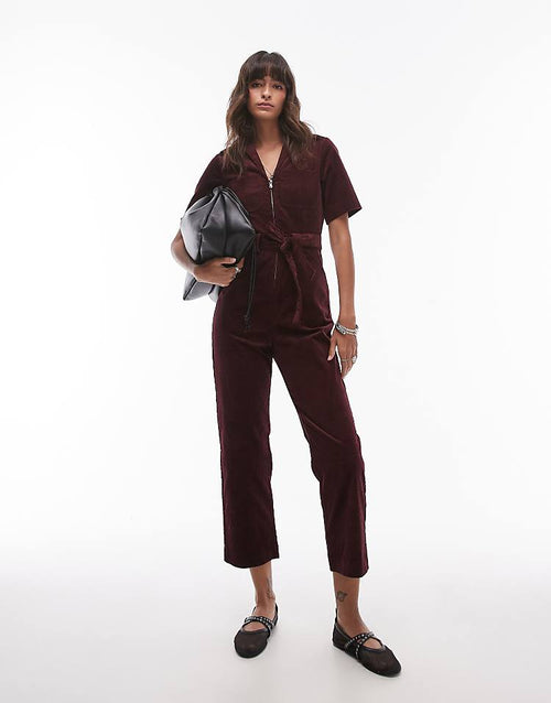 & Other Stories belted corduroy jumpsuit in burgundy