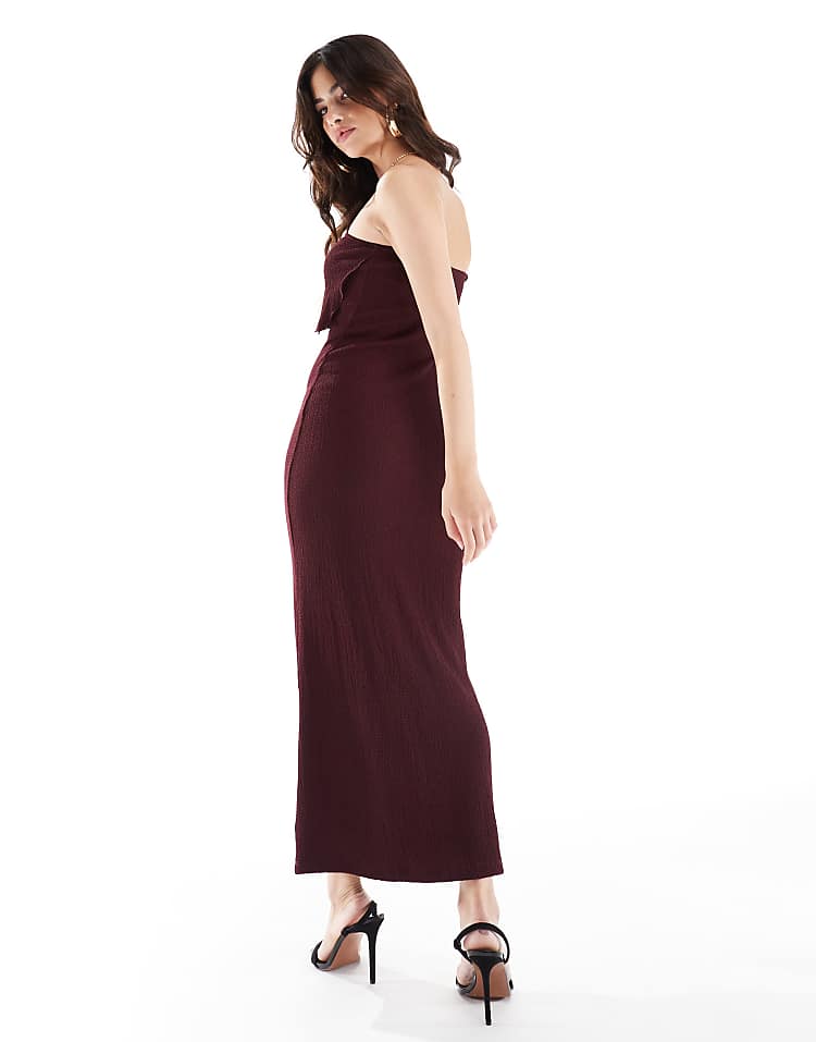 ASOS DESIGN maxi textured fold over detail bandeau dress in burgundy