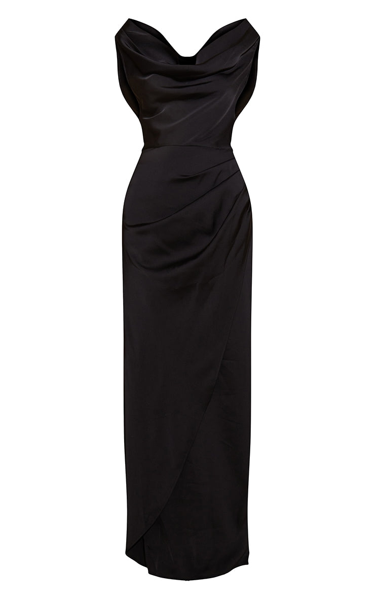 Black Satin Cowl Neck Draped Maxi Dress - HCWP 