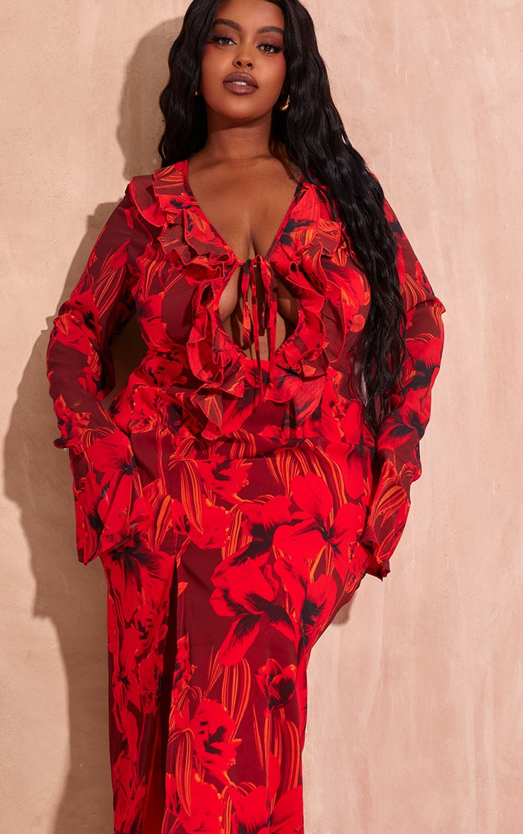 Plus Red Floral Print Chiffon Frill Midi Dress - HCWP 