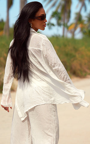White Linen Look Oversized Beach Shirt - HCWP 