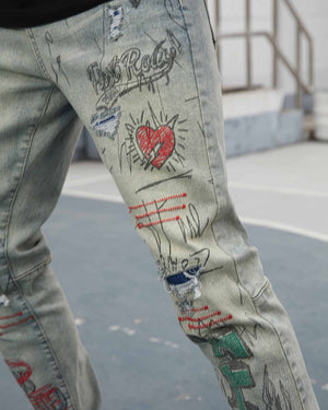 Detailing Graffiti Ripped Blue Washed Jeans - HCWP 