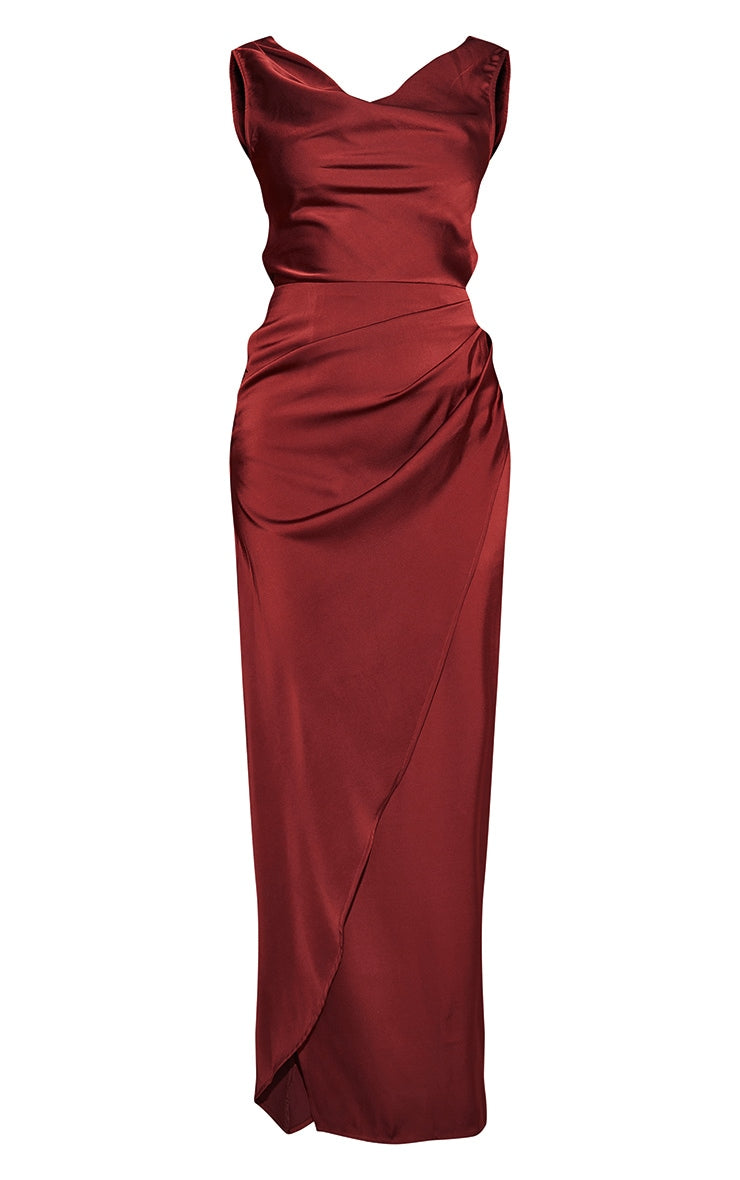Burgundy Satin Cowl Neck Draped Maxi Dress - HCWP 