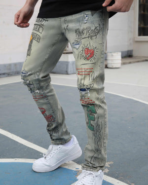 Detailing Graffiti Ripped Blue Washed Jeans - HCWP 