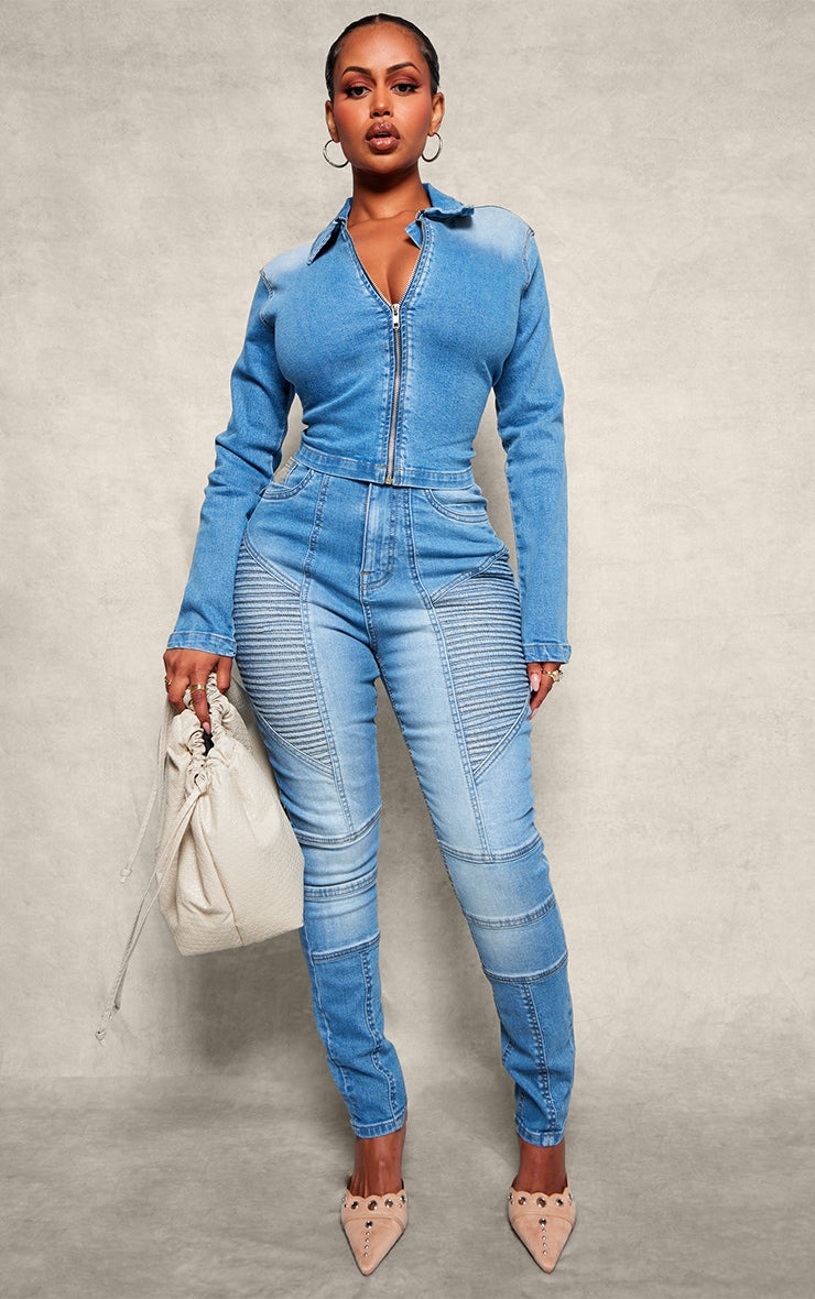 Shape Light Blue Denim Cropped Zip Through Jacket