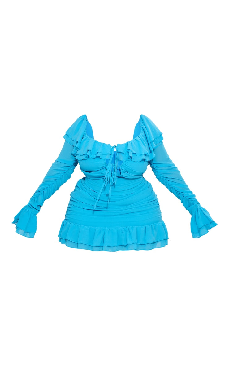 Plus Bright Blue Bardot Ruffle Detail Shift Dress - HCWP 
