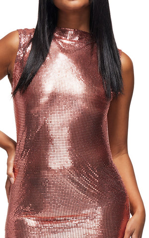 Rose Gold Chainmail High Neck Sleeveless Bodycon Dress - HCWP 