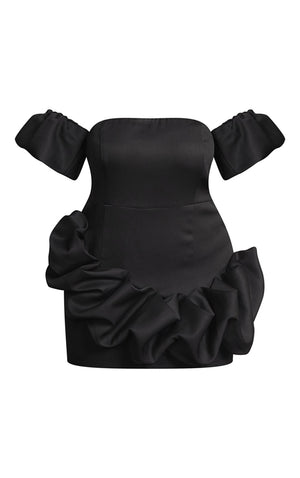 Plus Black Frill Detail Puff Sleeve Bardot Bodycon Dress - HCWP 