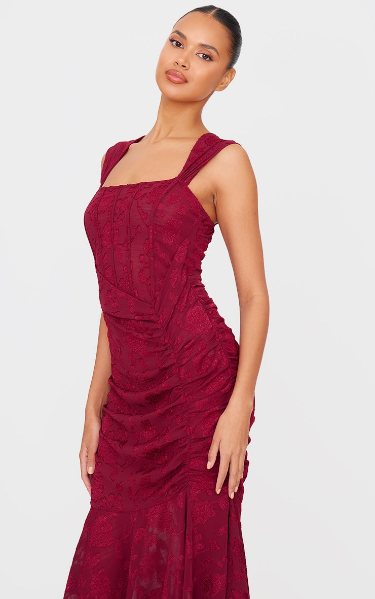 Burgundy Burnout Ruched Midi Dress