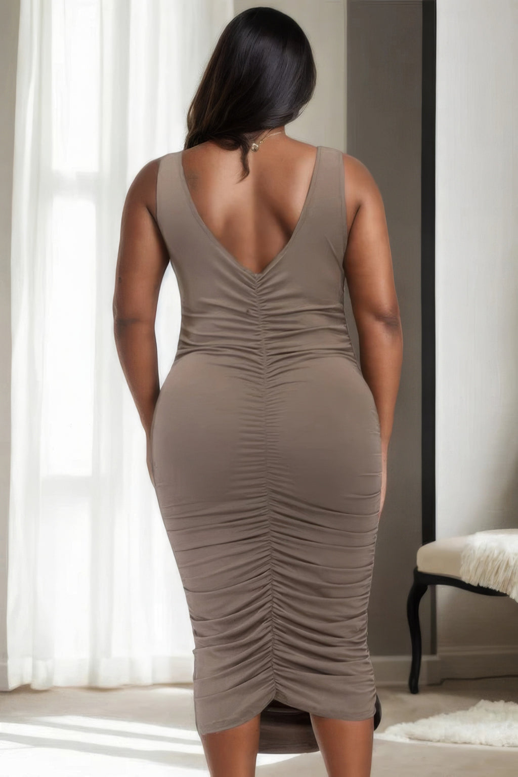 Plus Size Square Neck Ruched Bodycon Midi Dress - HCWP 