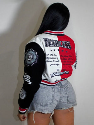 Letter Badge Printed Button Up Baseball Jackets - HCWP 