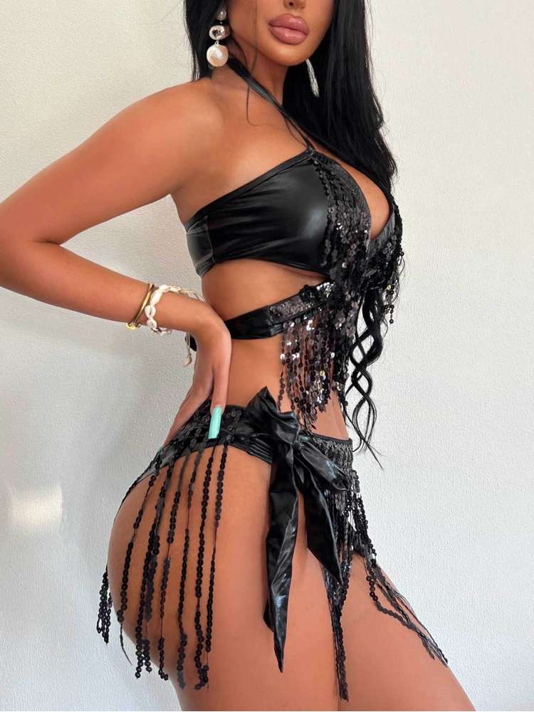 Tassel Halter Neck Backless Bikinis Sets - HCWP 