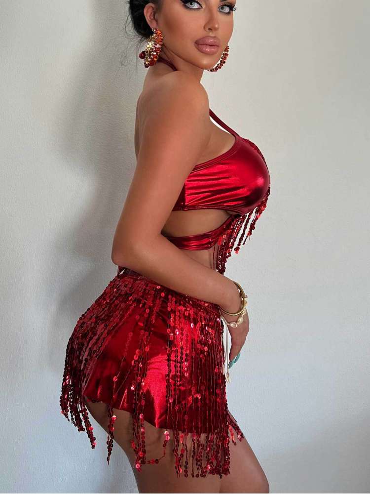 Tassel Halter Neck Backless Bikinis Sets - HCWP 