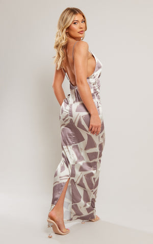 White Zebra Print Satin Cowl Neck Maxi Dress - HCWP 