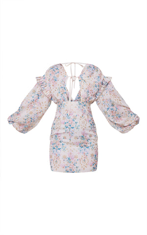 Multi Ditsy Floral Print Embroidered Neck Tie Detail Shift Dress - HCWP 
