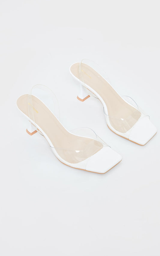 White Low Cake Stand Square Toe Clear Strap Slingback Heeled Sandals - HCWP 