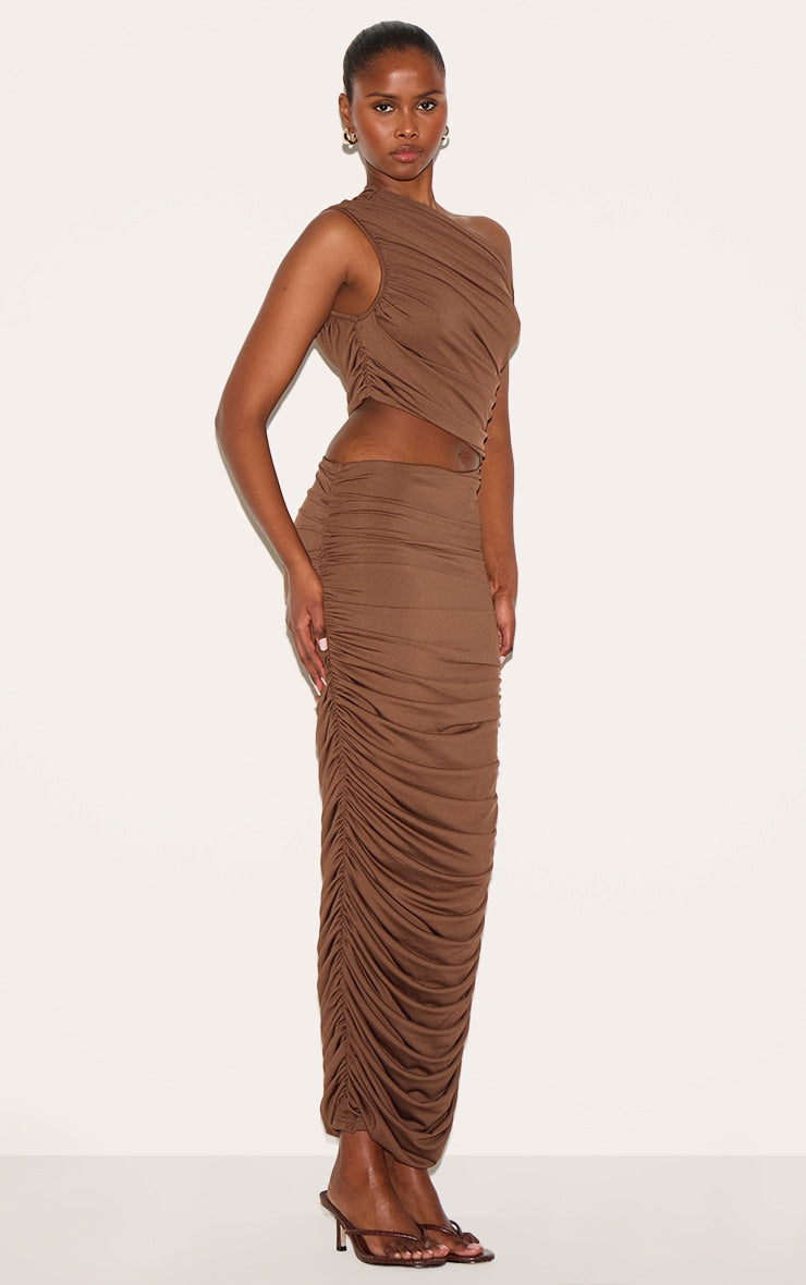 plt brown ruched dress PLT Tall Brown Swirl Print Mesh Ruched Maxi Dress, UK