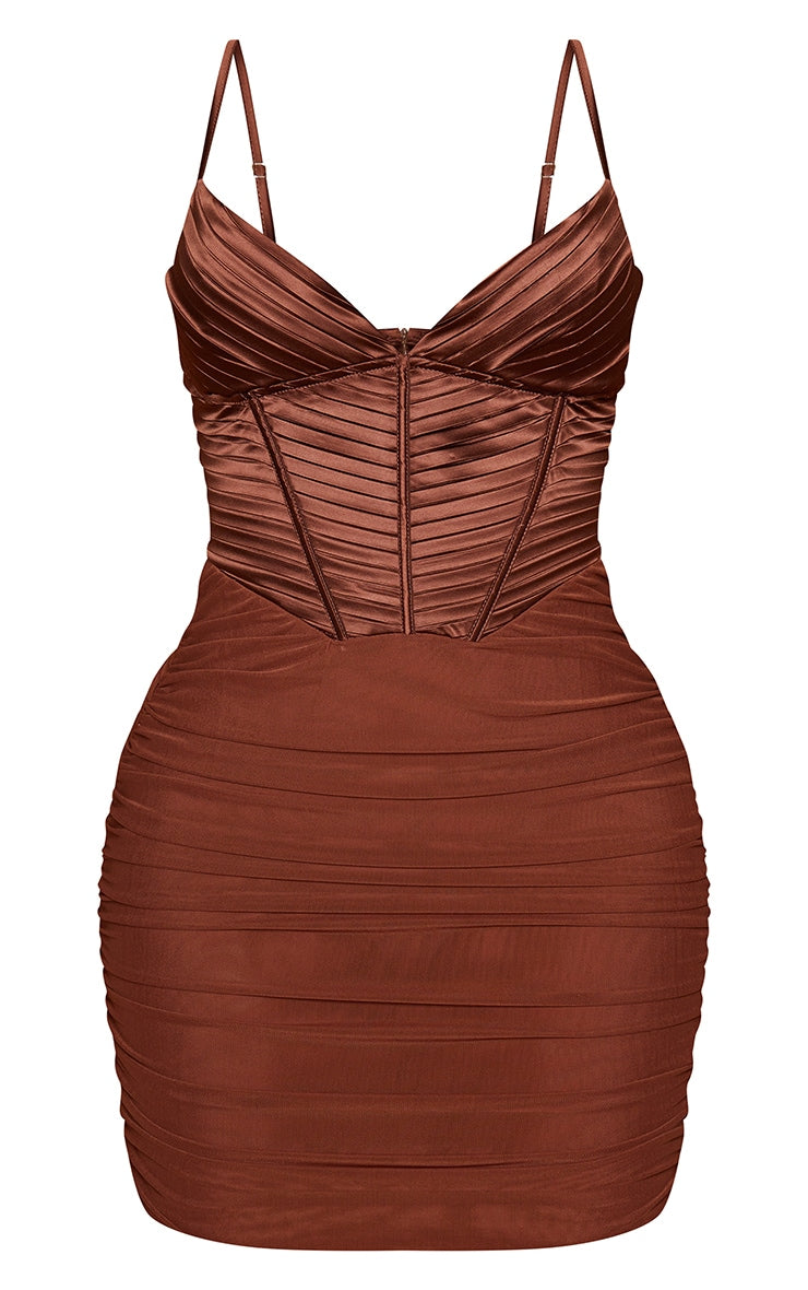 Shape Chocolate Brown Satin Pleat Detail Corset Bodycon Dress - HCWP 