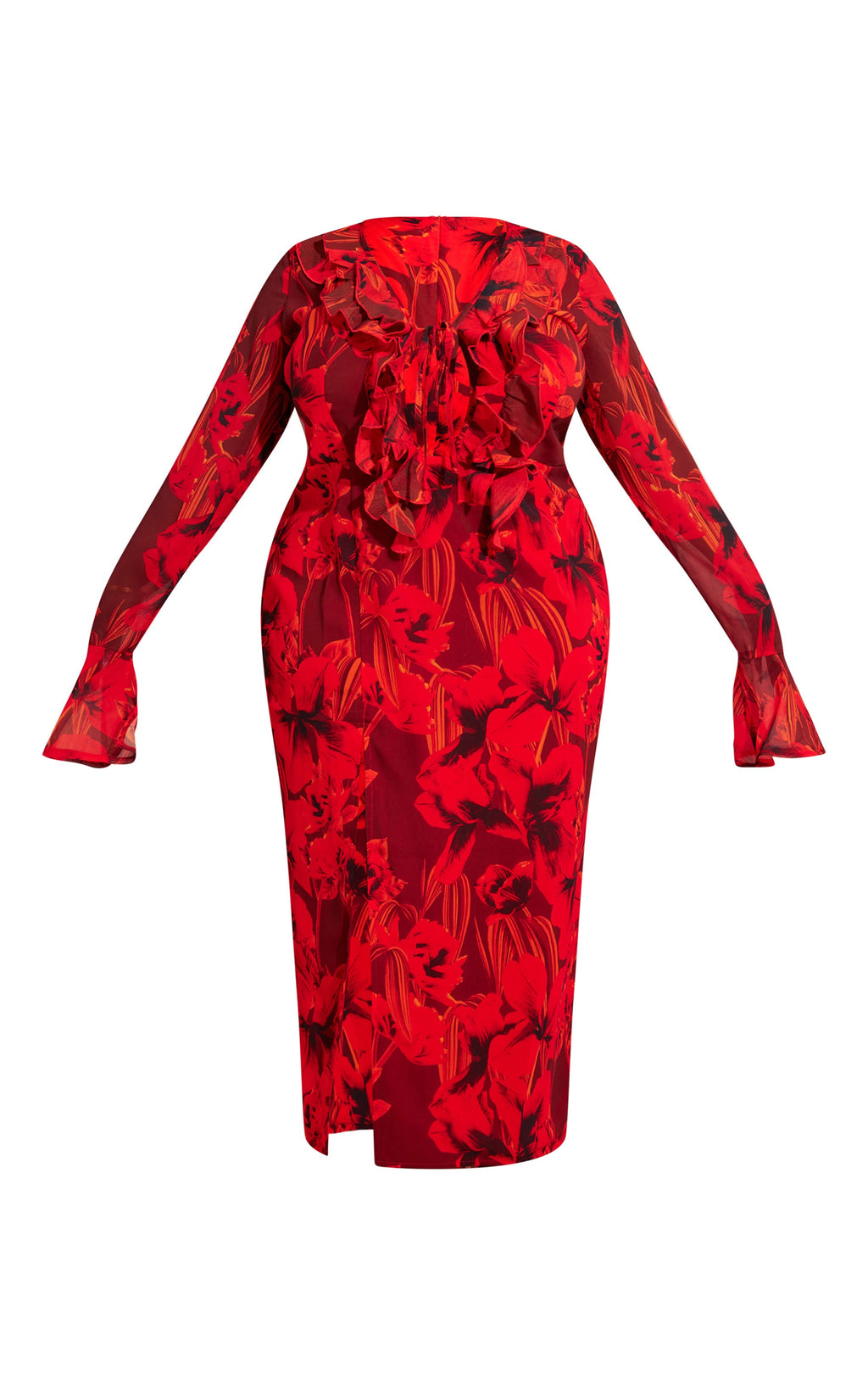 Plus Red Floral Print Chiffon Frill Midi Dress - HCWP 
