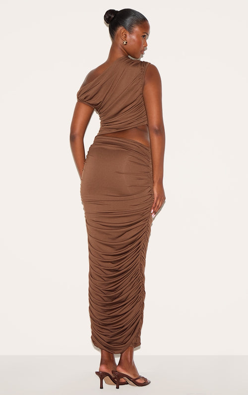 PLT Label Chocolate One Shoulder Ruched Cut Out Maxi Dress