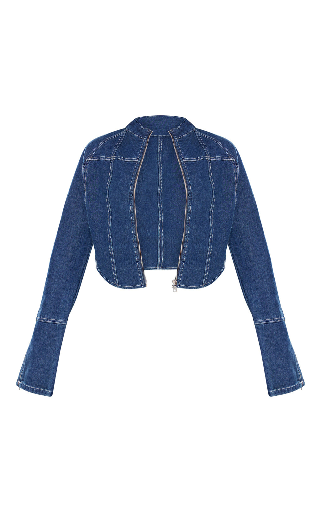 Plus Indigo Blue Wash Zip Up Cuff Detail Denim Jacket
