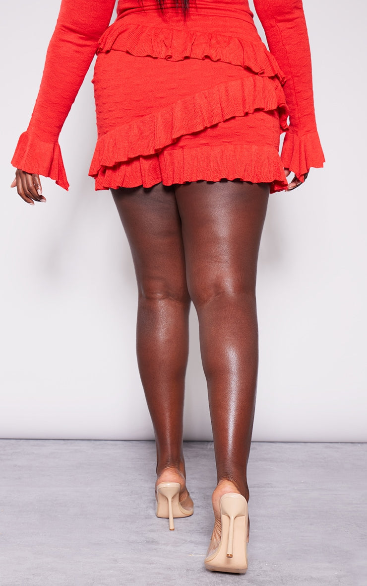 Plus Red Bubble Knit Frill Detail Mini Skirt - HCWP 