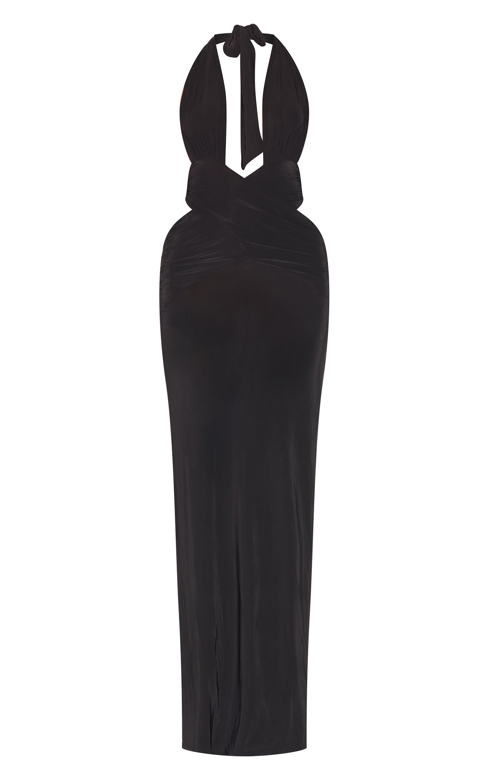 black slinky extreme plunge maxi dress Plunge Neck Ring Detail Asymmetric Maxi Dress In Black Slinky | EGO US