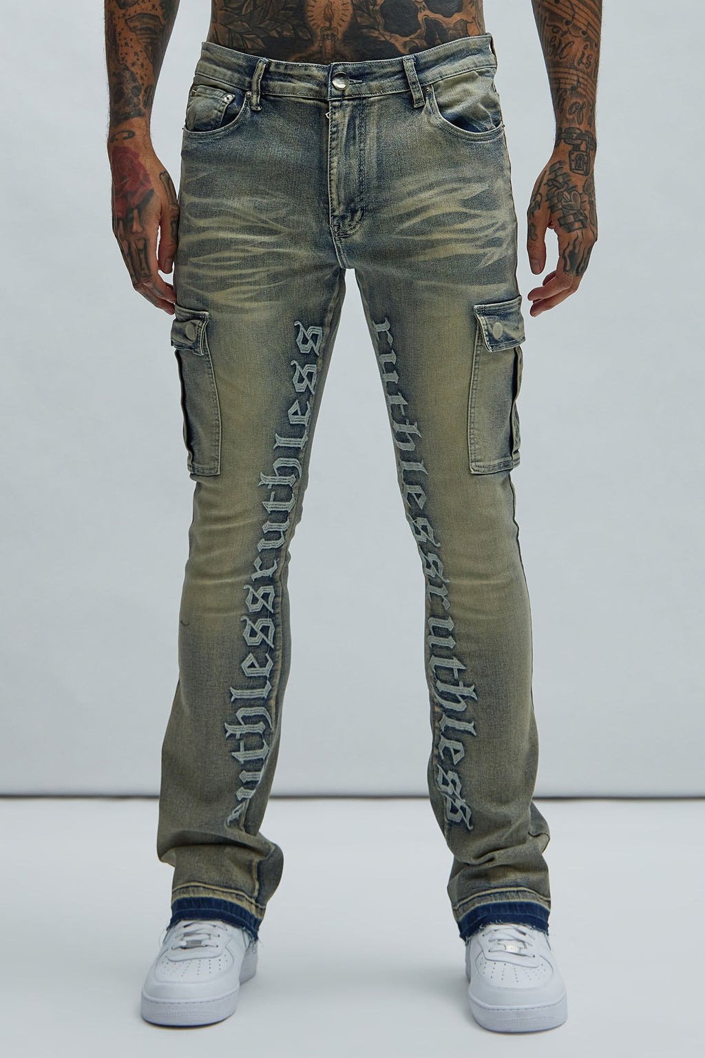 Ruthless Embroidered Stacked Skinny Cargo Flare Jeans - Medium Wash - HCWP 